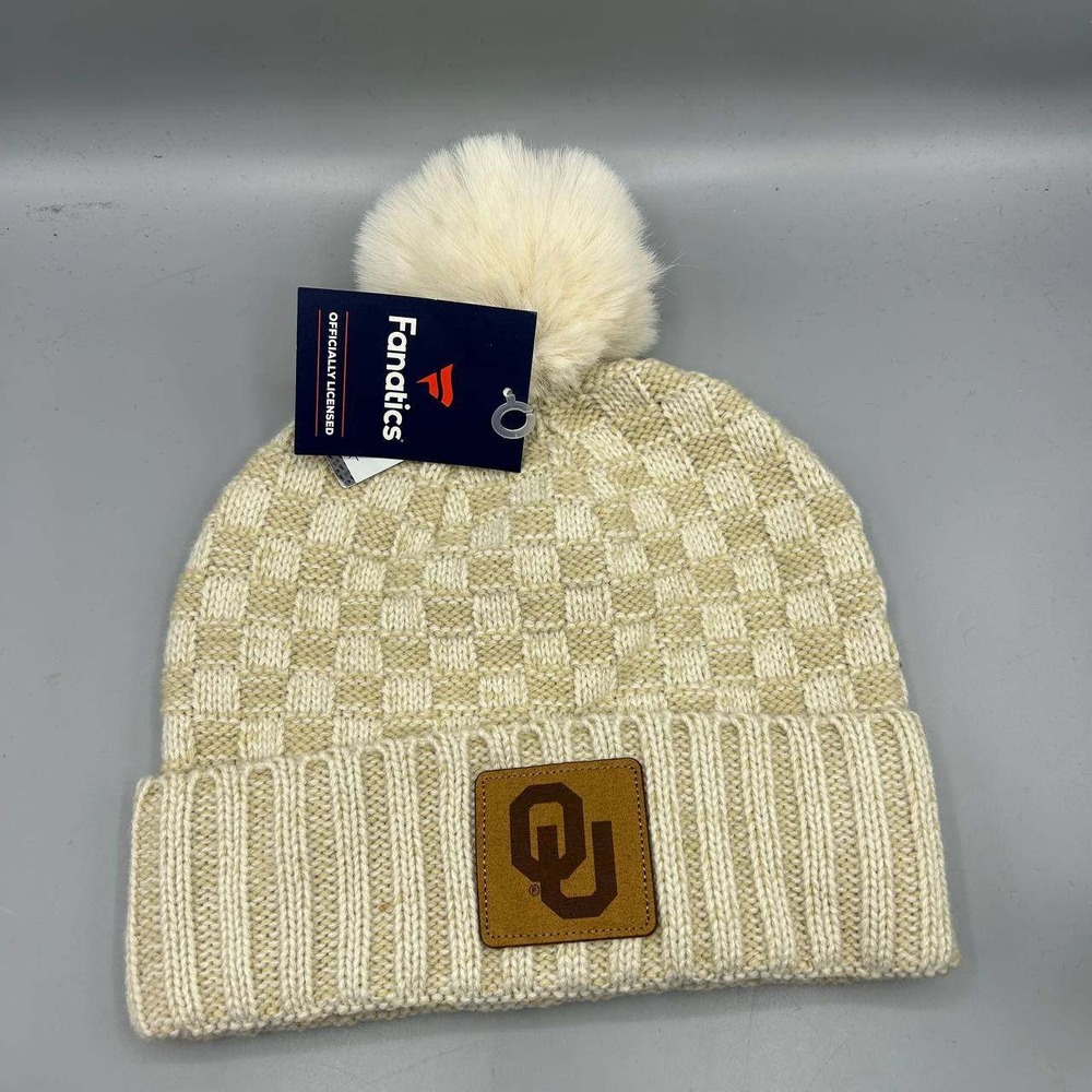 Oklahoma Sooners NCAA Hat Men Tan Check Fanatics Cuffed Beanie Pom Pom Cap New